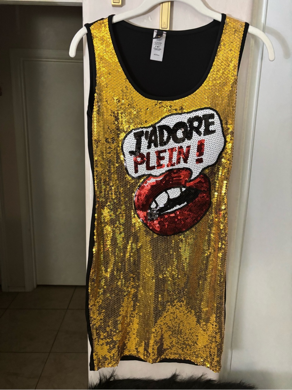 EUC Phillip Plein “J’Adore” Gold Sequin Graphic Mini Tank Dress, Size Small